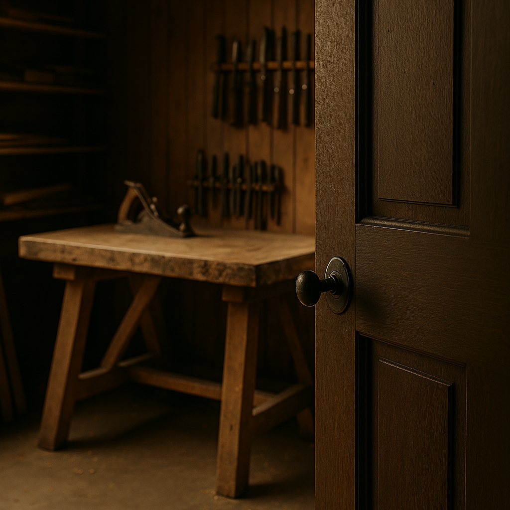 A slightly open workshop door, revealing a glimpse of tools and sawdust beyond, representing new opportunities ahead.