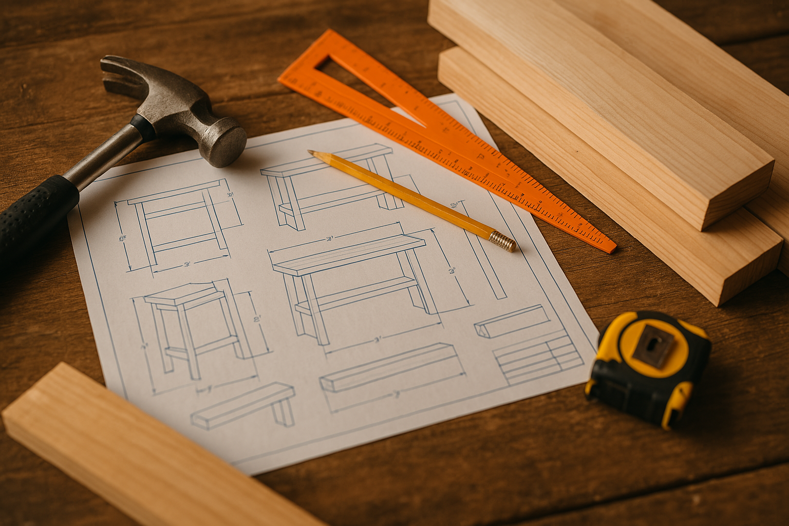 Sketches of a woodworking project with cut lumber and tools around them, representing blueprints and materials.